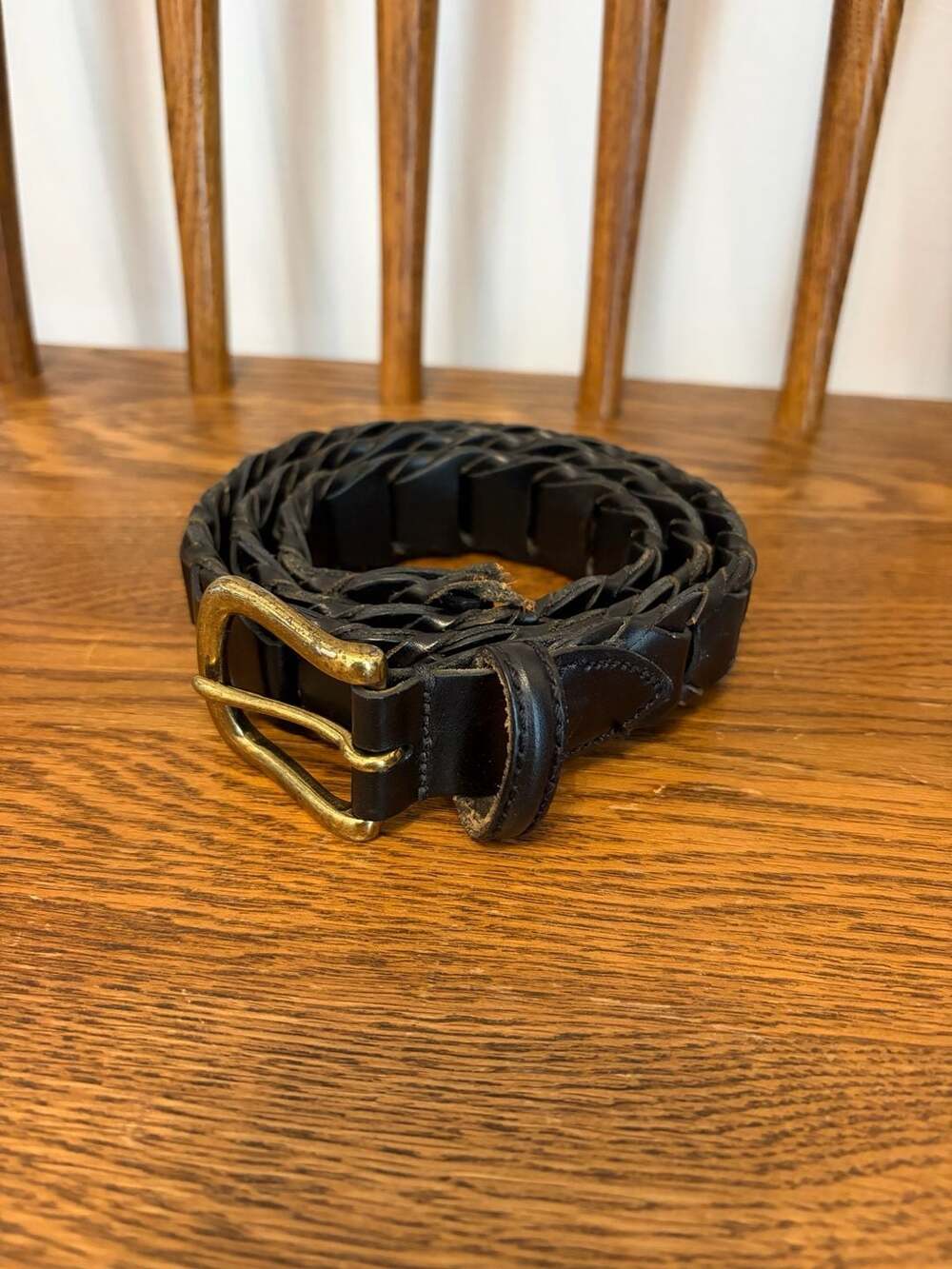 Vintage Genuine Leather and Bonded Links Braided Belt with Brass Buckle Size 36